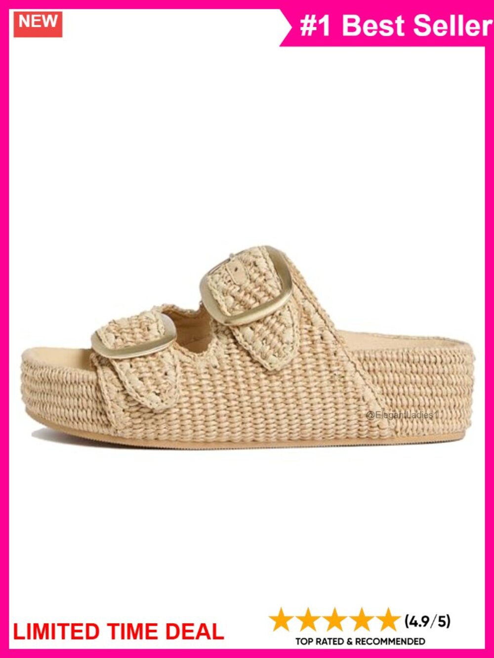 Raffia Platform Sandals Open Toe Straw Slide Comfortable Adjustable Buckle